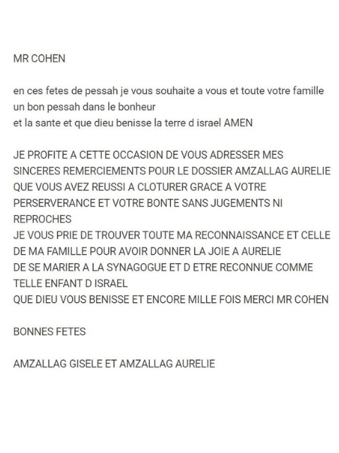 Lettre de remerciements de Madame Gisèle Amzalag