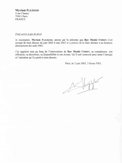 Lettre de remerciements de Madame Myriam Flejszer